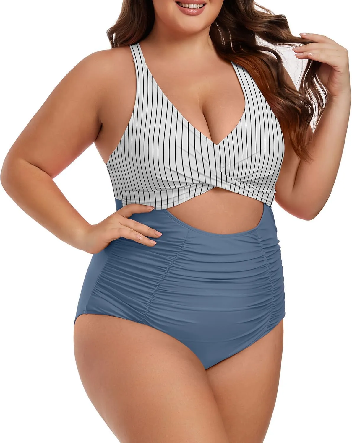 Plus Size One Piece Swimsuit for Women Tummy Control Bathing Suit Cutout High Waisted Tie Back 1 Piece Swim Suit