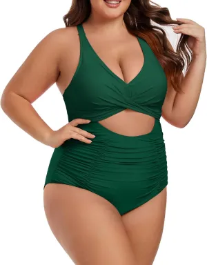 Plus Size One Piece Swimsuit for Women Tummy Control Bathing Suit Cutout High Waisted Tie Back 1 Piece Swim Suit