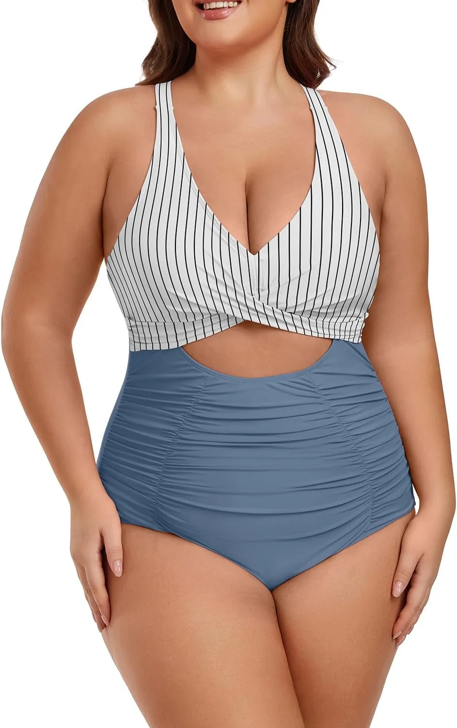 Plus Size One Piece Swimsuit for Women Tummy Control Bathing Suit Cutout High Waisted Tie Back 1 Piece Swim Suit