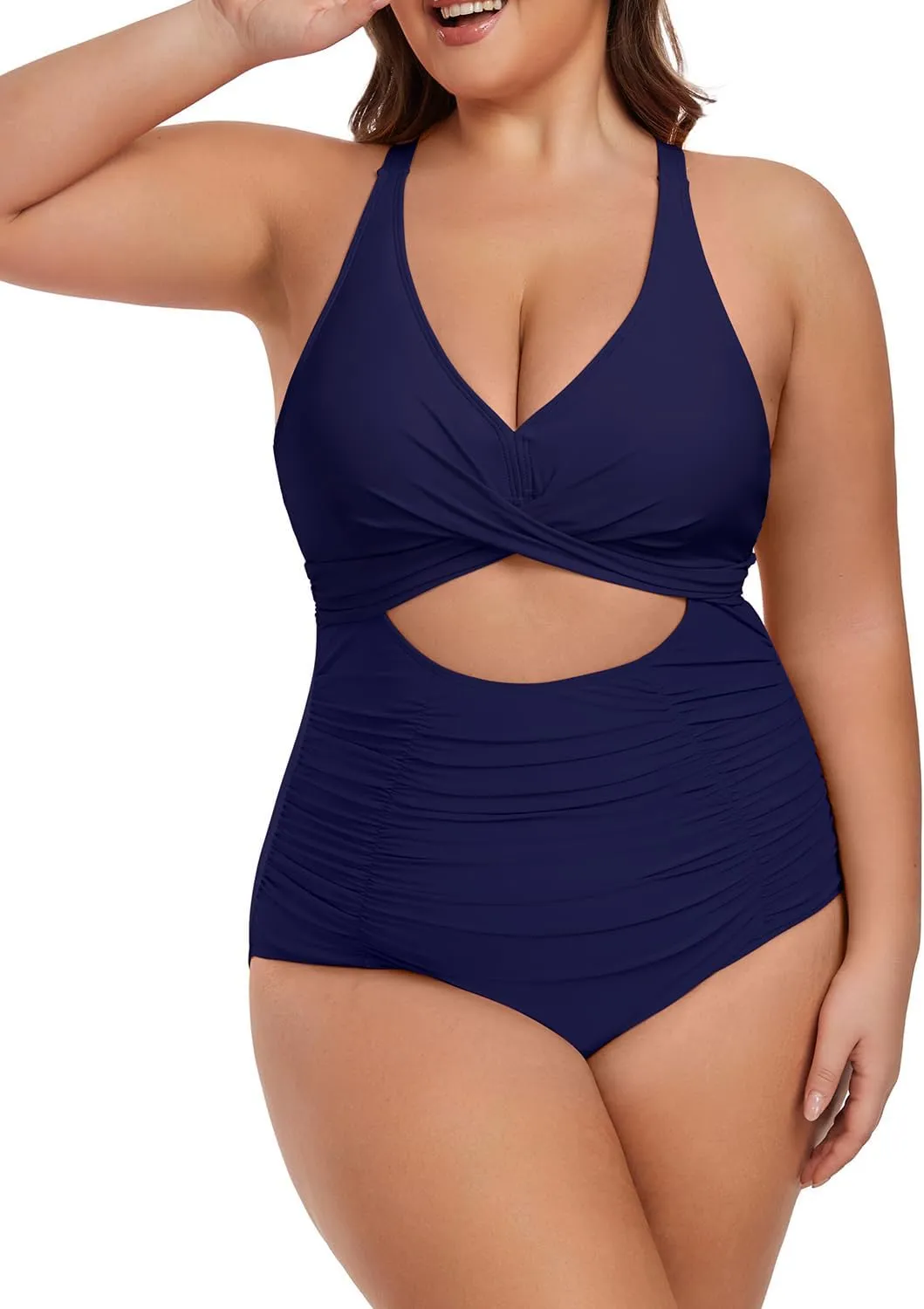 Plus Size One Piece Swimsuit for Women Tummy Control Bathing Suit Cutout High Waisted Tie Back 1 Piece Swim Suit