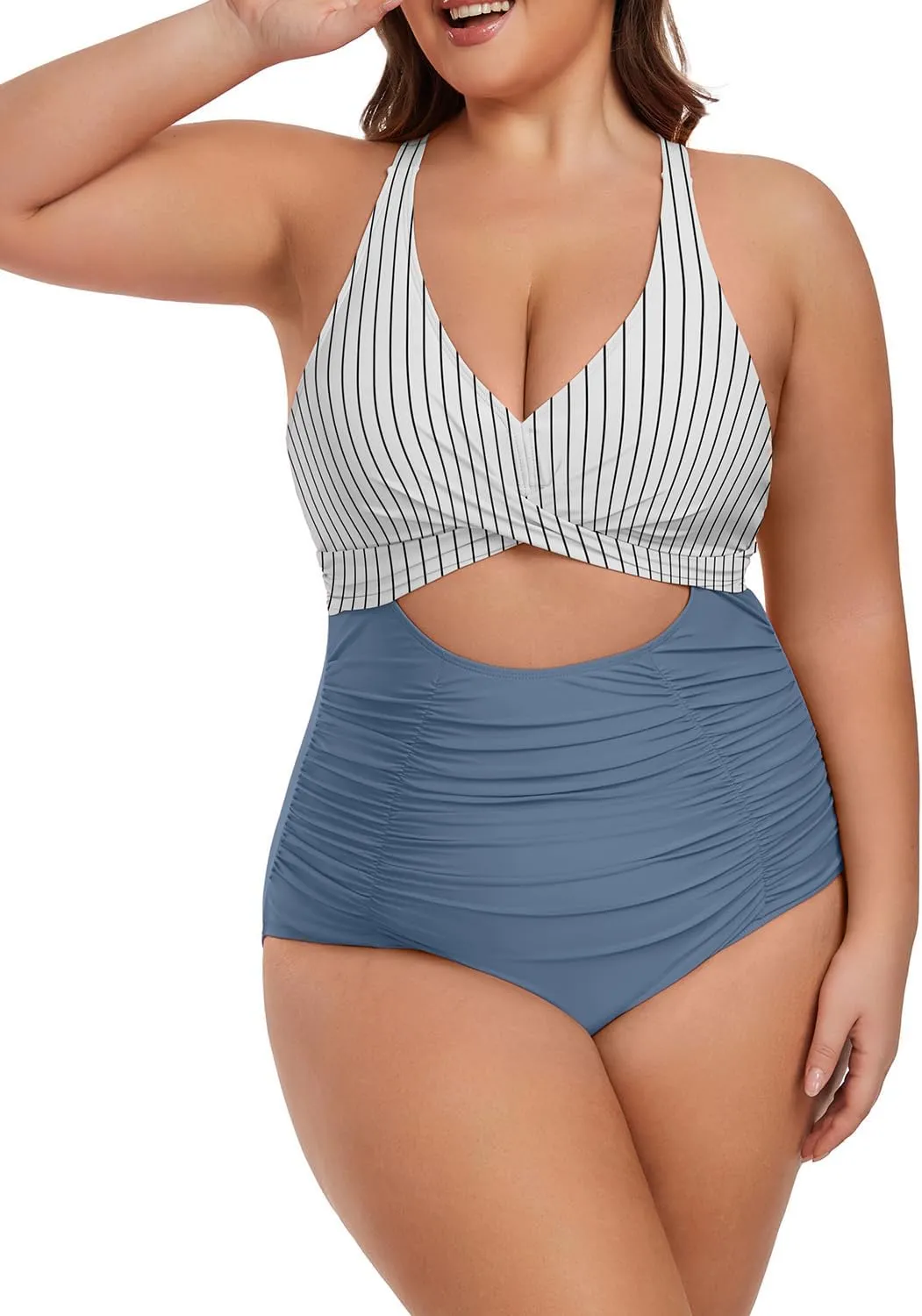 Plus Size One Piece Swimsuit for Women Tummy Control Bathing Suit Cutout High Waisted Tie Back 1 Piece Swim Suit