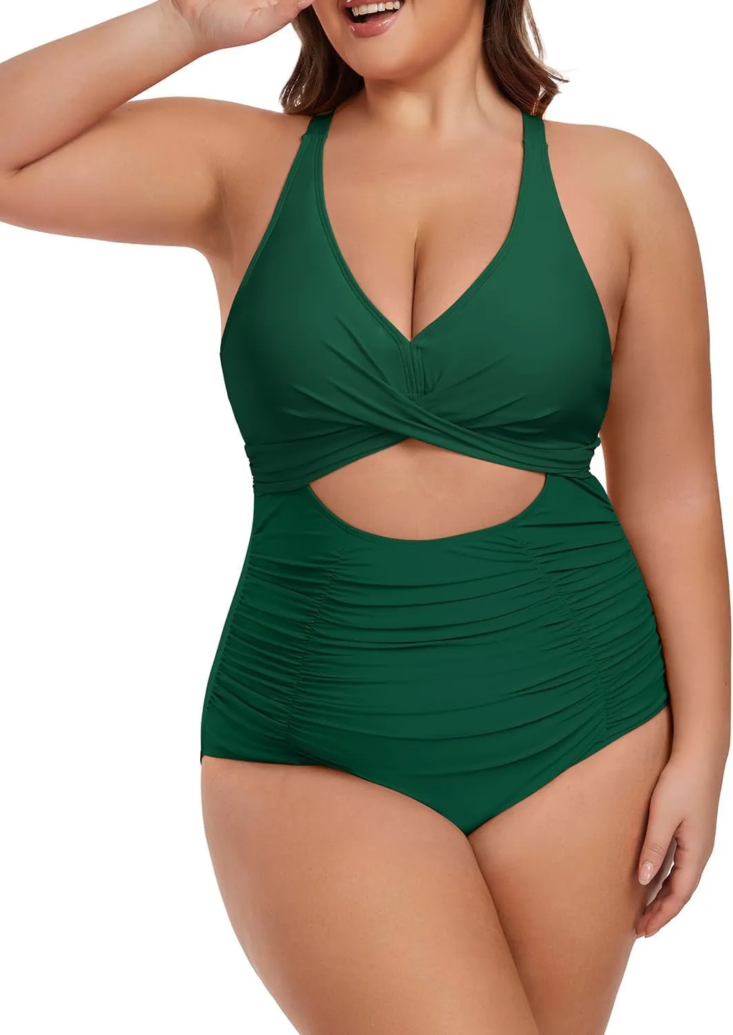 Plus Size One Piece Swimsuit for Women Tummy Control Bathing Suit Cutout High Waisted Tie Back 1 Piece Swim Suit