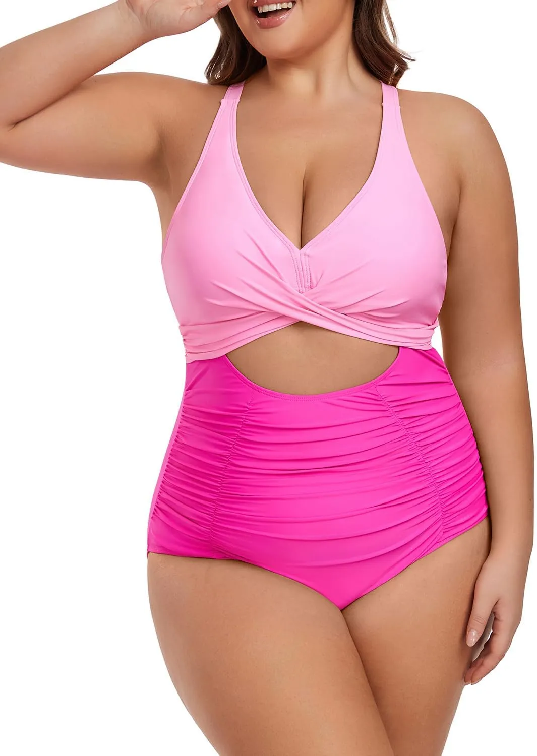 Plus Size One Piece Swimsuit for Women Tummy Control Bathing Suit Cutout High Waisted Tie Back 1 Piece Swim Suit