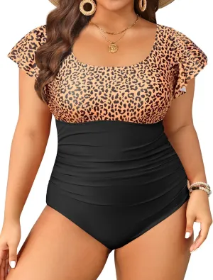 Plus Size One Piece Swimsuit - Women Tummy Control Bathing Suit Ruffle Vintage Swimwear with Sleeves