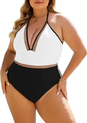Plus Size Swimsuit for Women One Piece Tummy Control Bathing Suit Halter Backless Slimming Mesh Color Block Modest