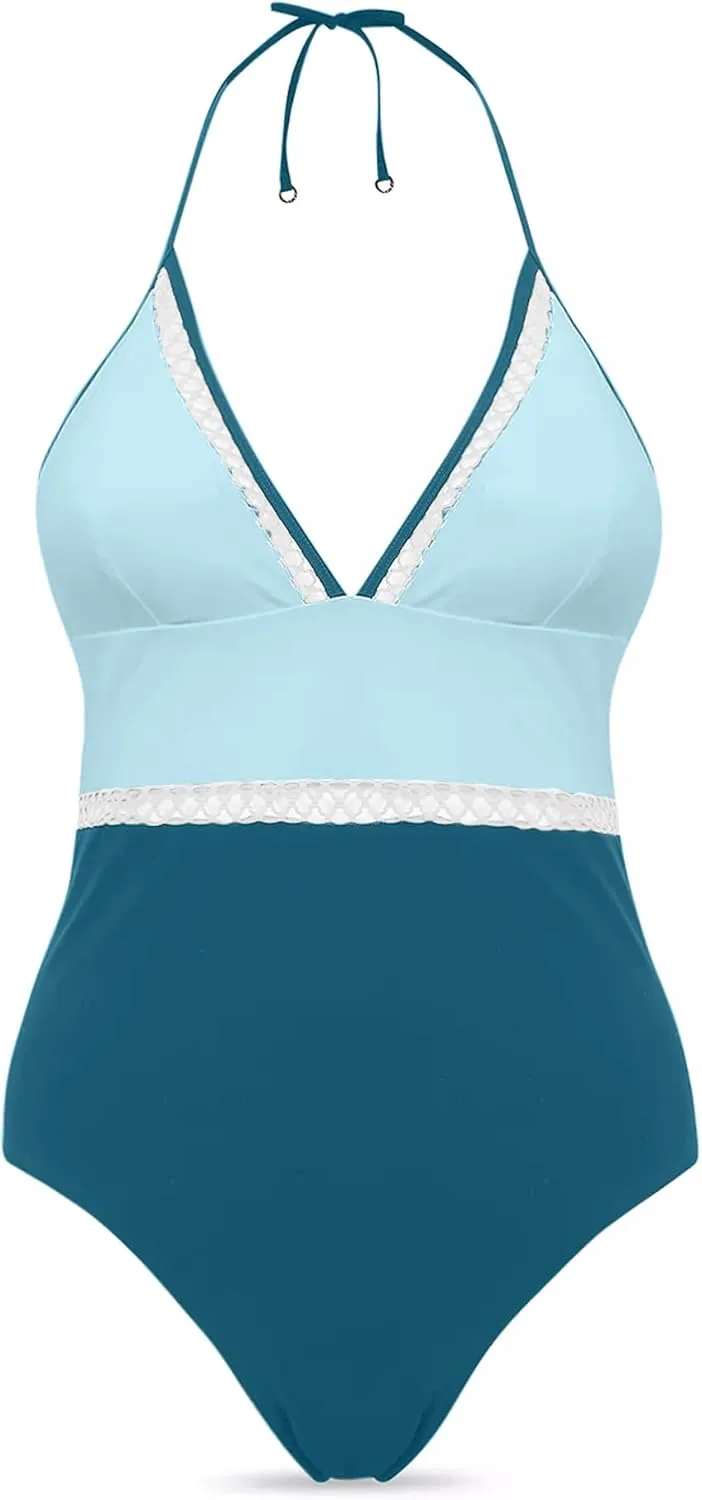 Plus Size Swimsuit for Women One Piece Tummy Control Bathing Suit Halter Backless Slimming Mesh Color Block Modest