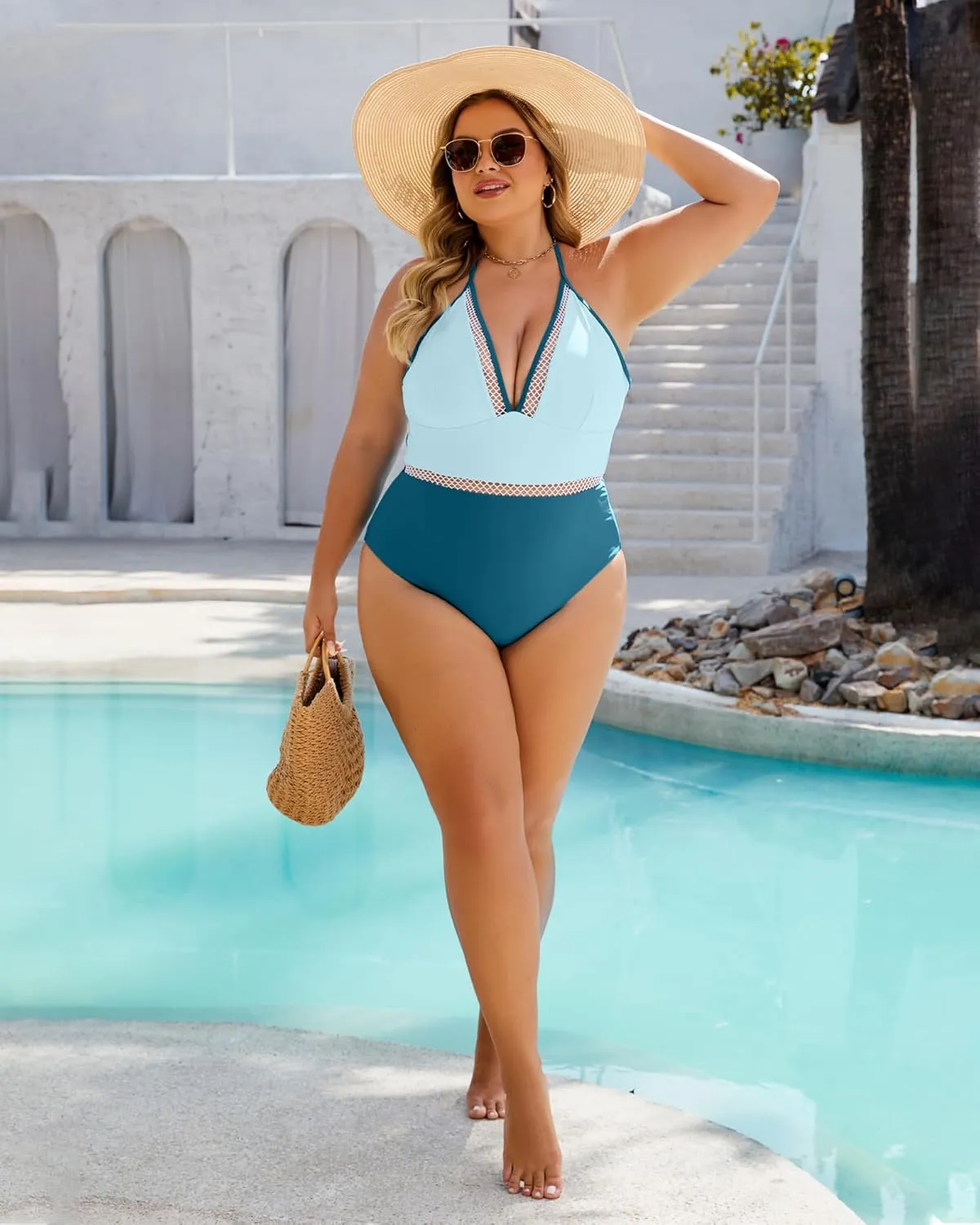 Plus Size Swimsuit for Women One Piece Tummy Control Bathing Suit Halter Backless Slimming Mesh Color Block Modest