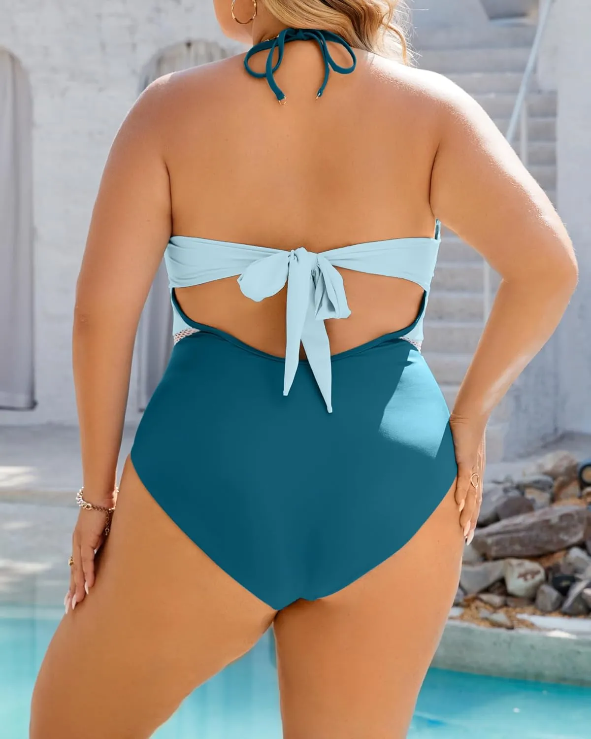 Plus Size Swimsuit for Women One Piece Tummy Control Bathing Suit Halter Backless Slimming Mesh Color Block Modest