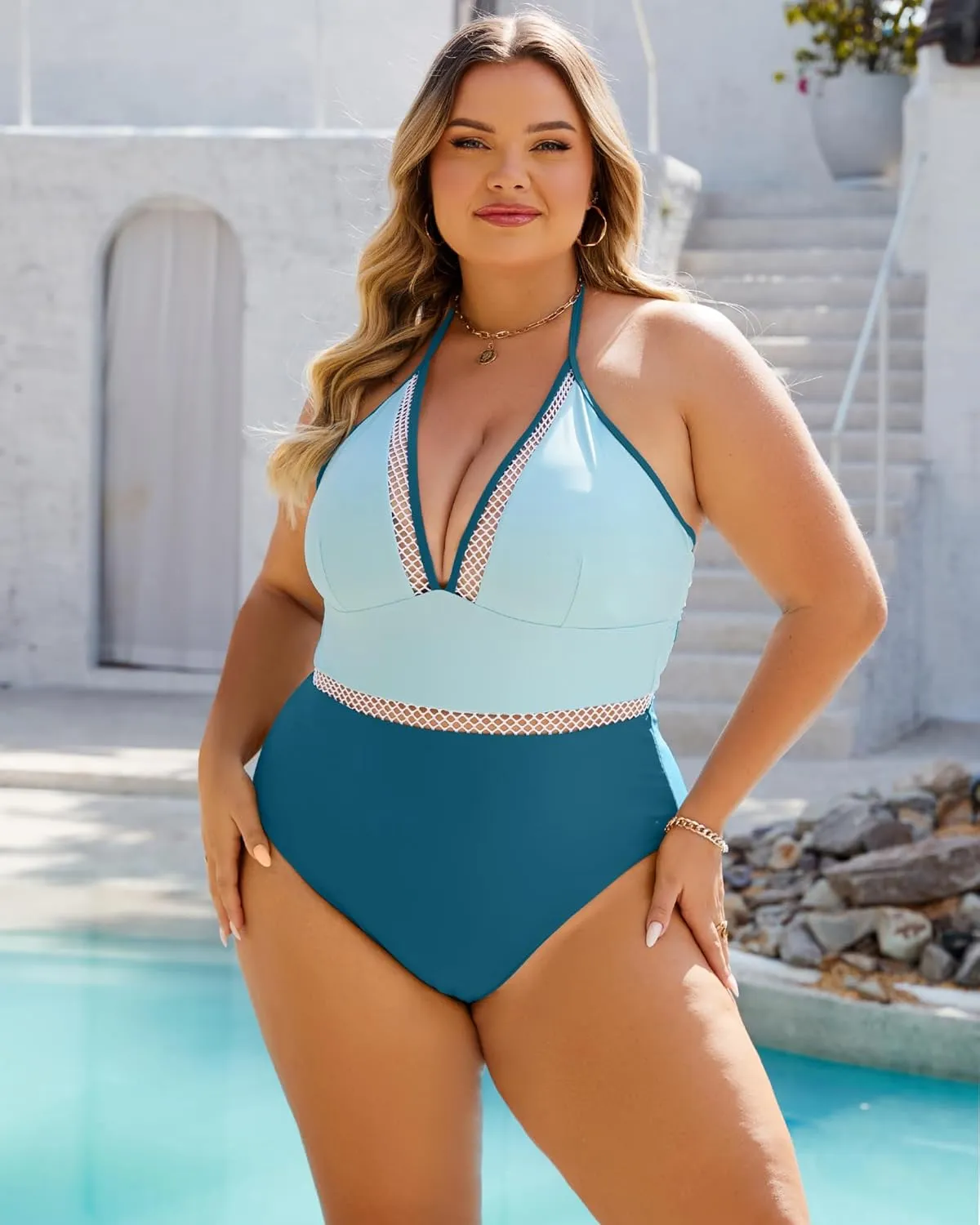 Plus Size Swimsuit for Women One Piece Tummy Control Bathing Suit Halter Backless Slimming Mesh Color Block Modest
