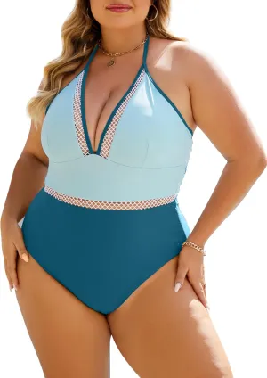 Plus Size Swimsuit for Women One Piece Tummy Control Bathing Suit Halter Backless Slimming Mesh Color Block Modest
