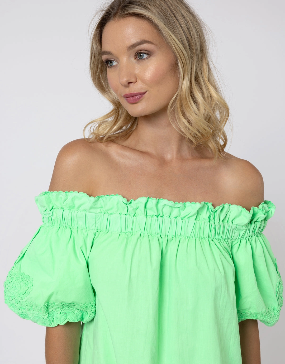 Poplin Off Shoulder Mini Dress with Ric-Rac - Apple