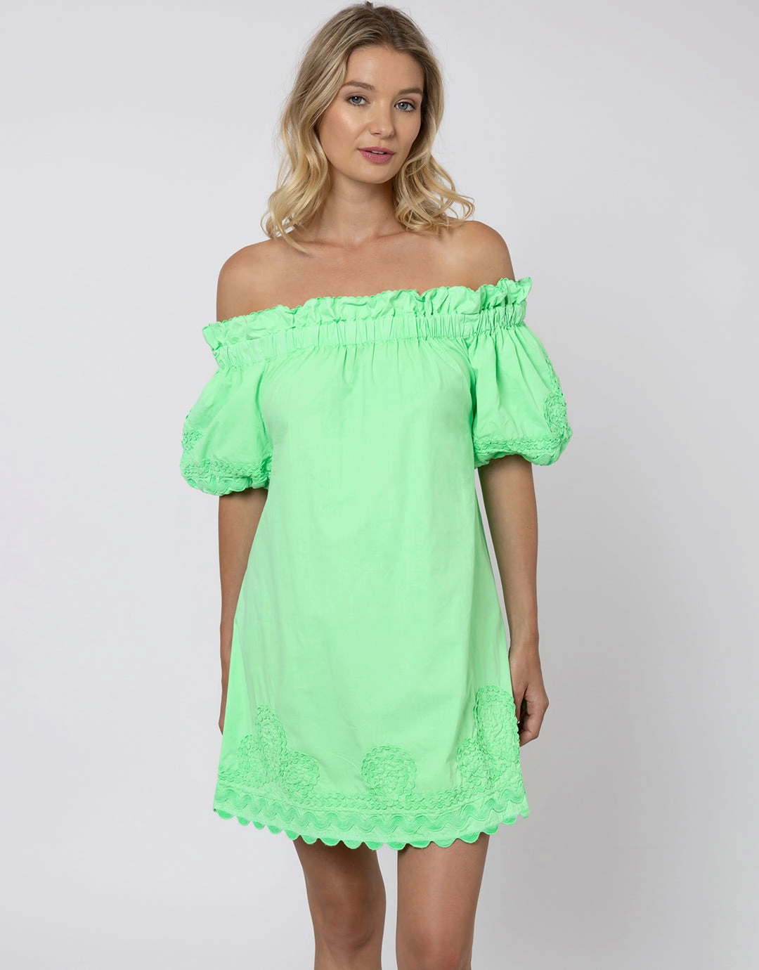 Poplin Off Shoulder Mini Dress with Ric-Rac - Apple