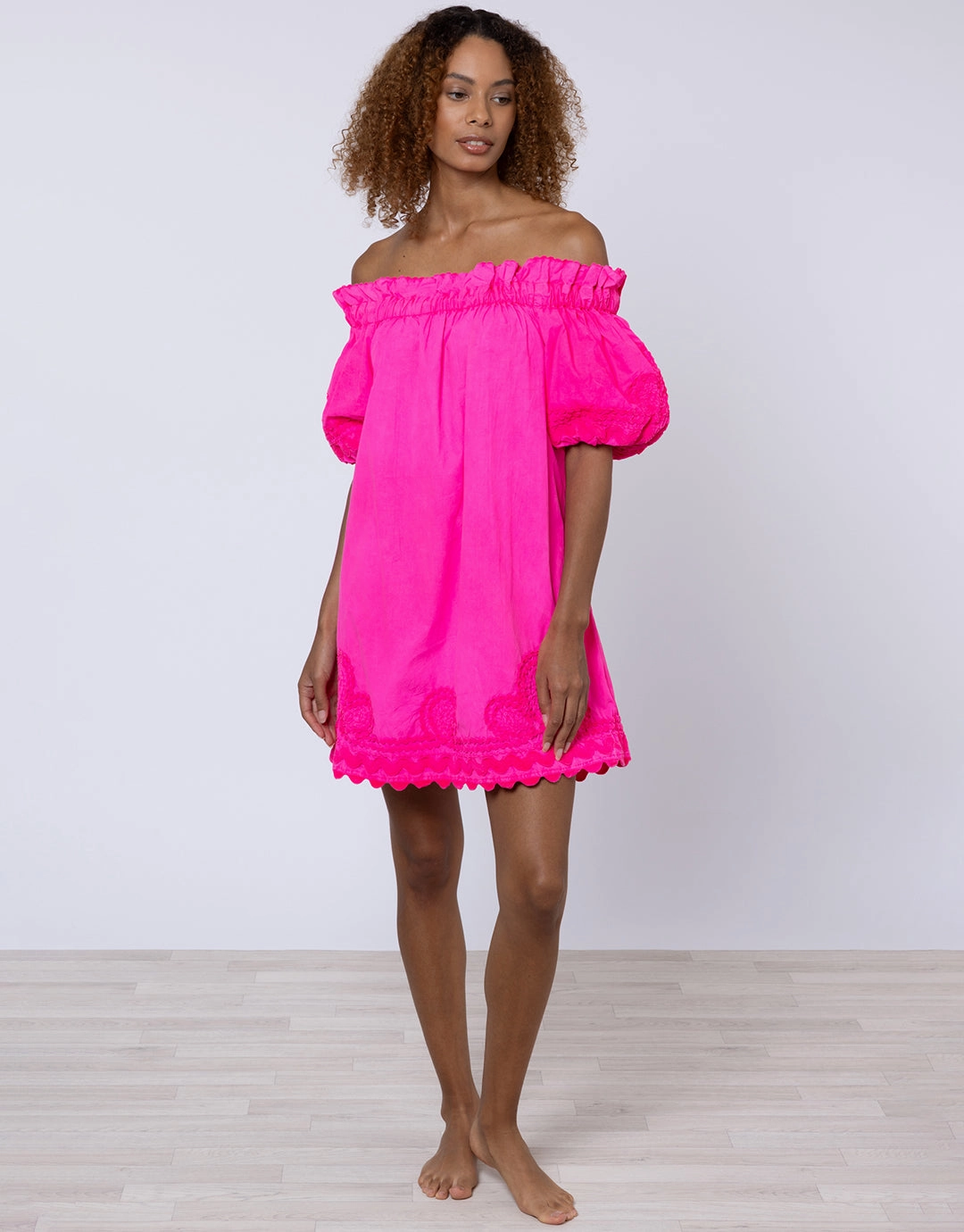 Poplin Off Shoulder Mini Dress with Ric-Rac - Indian Pink