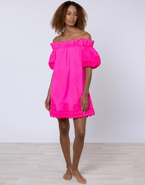 Poplin Off Shoulder Mini Dress with Ric-Rac - Indian Pink