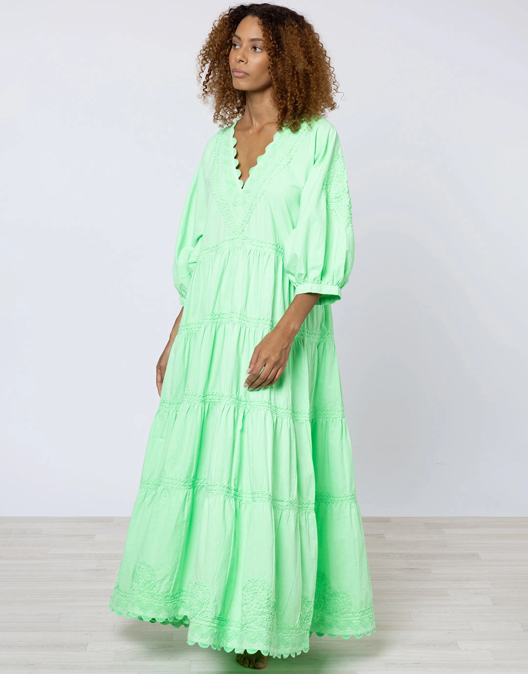 Poplin V-Neck Loose Maxi Dress with Ric-Rac - Apple