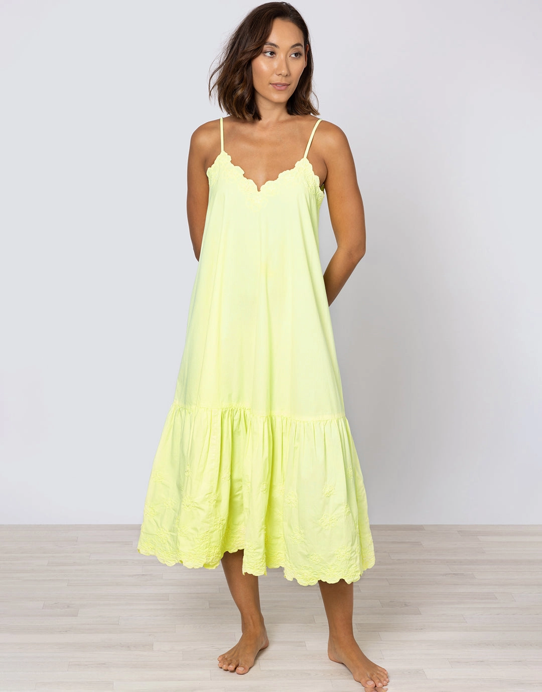 Poplin V-Neck Midi Dress with Cord Flower - Sherbet Lemon