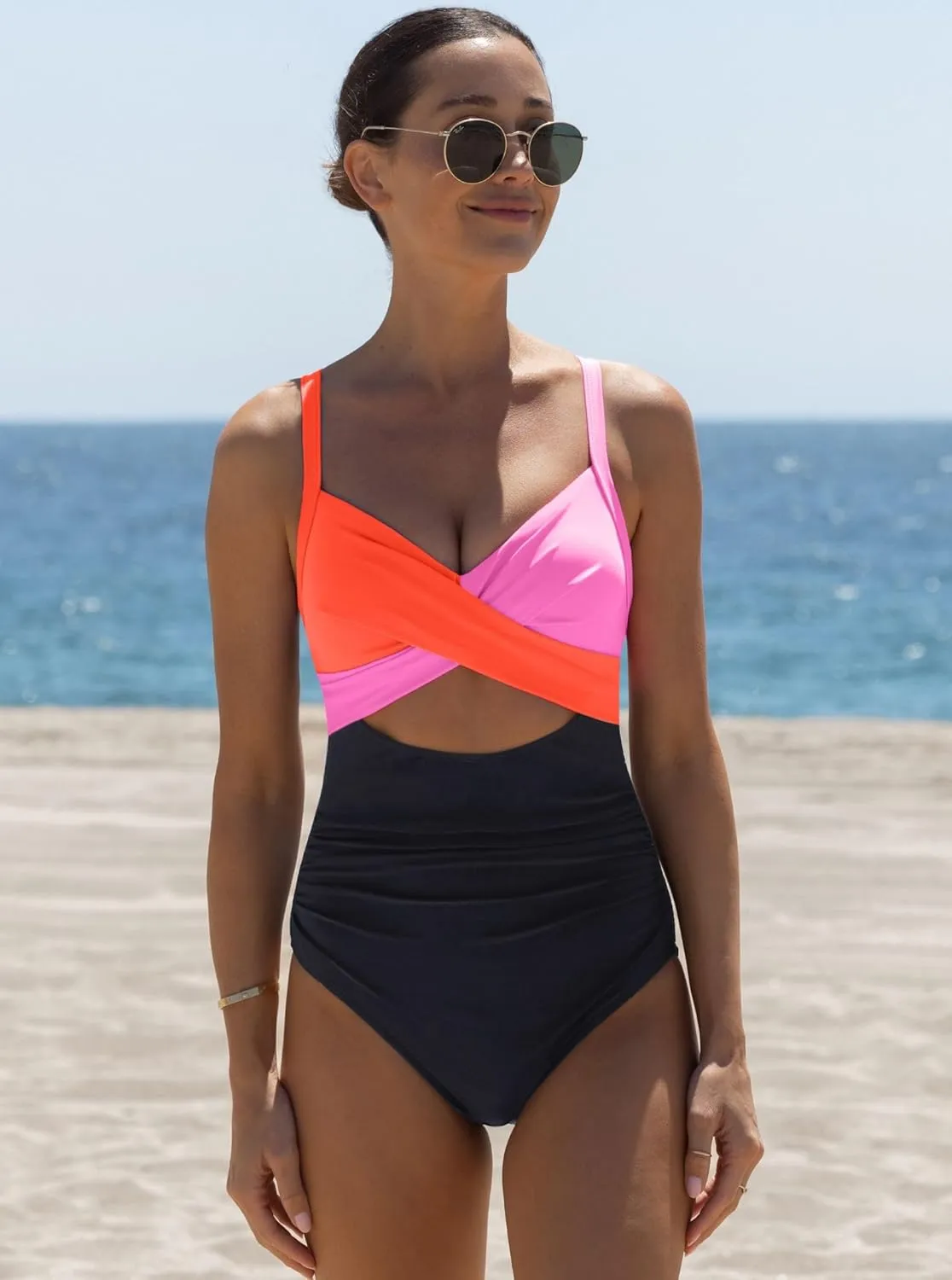popvil One Piece Swimsuit Women 2025 Tummy Control High Waisted Bathing Suit V Neck Swimwear Cut Out Tie Back Swim Suits
