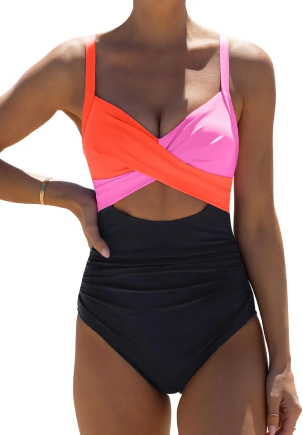 popvil One Piece Swimsuit Women 2025 Tummy Control High Waisted Bathing Suit V Neck Swimwear Cut Out Tie Back Swim Suits