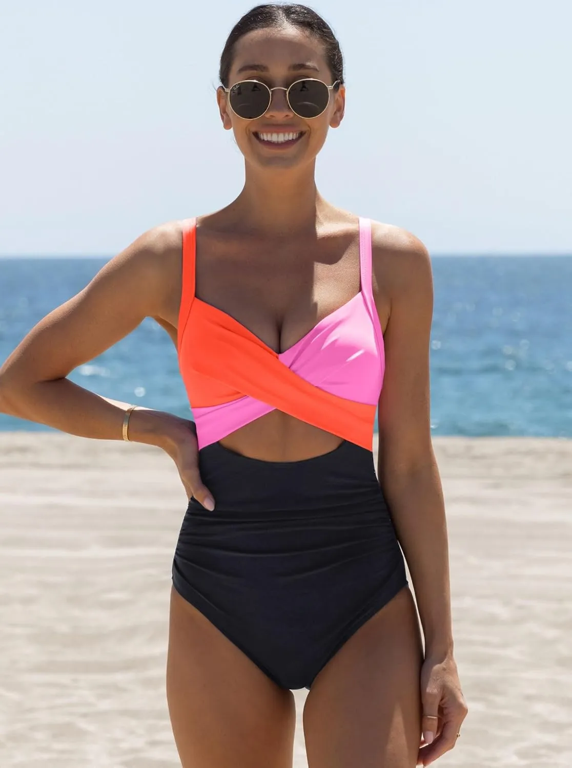 popvil One Piece Swimsuit Women 2025 Tummy Control High Waisted Bathing Suit V Neck Swimwear Cut Out Tie Back Swim Suits