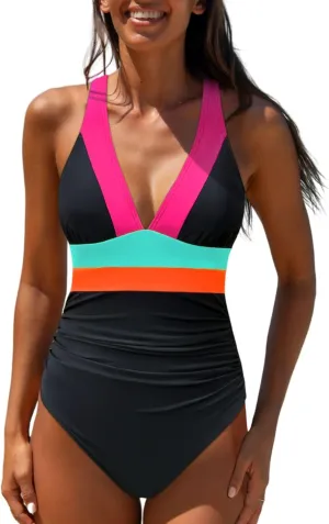 popvil One Piece Swimsuit Women 2025 Tummy Control Neon Color Block Bathing Suit Deep Vneck Tie Back Swim Suits Beach