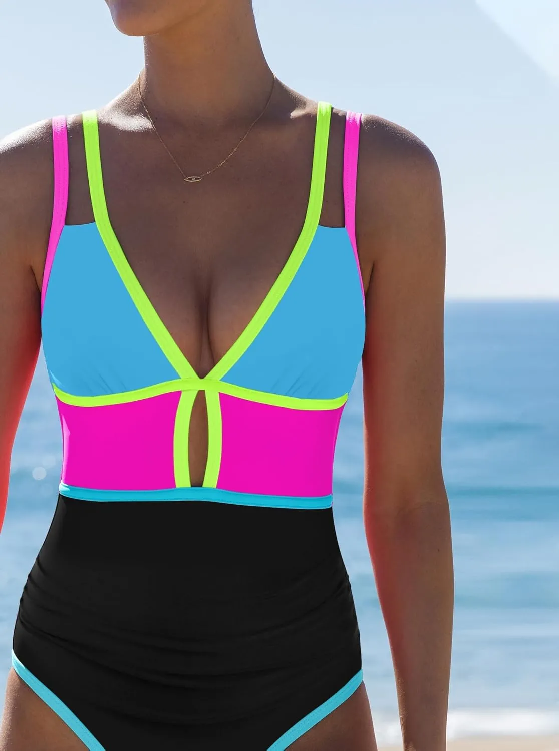 popvil Women One Piece Swimsuit 2025 Tummy Control Sexy Cutout Neon Color Block Bathing Suit Deep V Neck Adjustable Swimwear