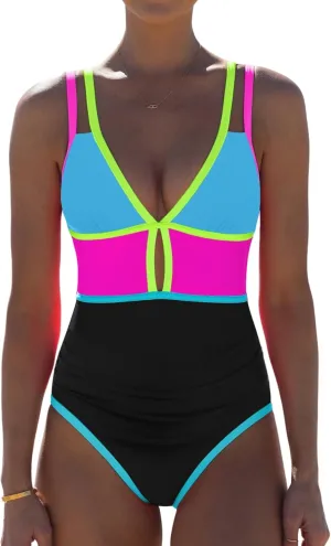 popvil Women One Piece Swimsuit 2025 Tummy Control Sexy Cutout Neon Color Block Bathing Suit Deep V Neck Adjustable Swimwear