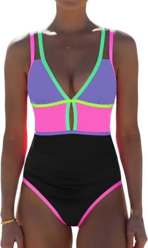 popvil Women One Piece Swimsuit 2025 Tummy Control Sexy Cutout Neon Color Block Bathing Suit Deep V Neck Adjustable Swimwear