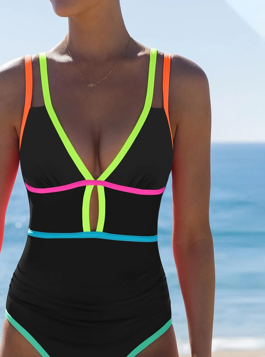 popvil Women One Piece Swimsuit 2025 Tummy Control Sexy Cutout Neon Color Block Bathing Suit Deep V Neck Adjustable Swimwear
