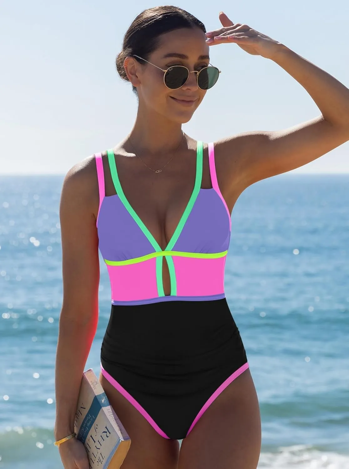 popvil Women One Piece Swimsuit 2025 Tummy Control Sexy Cutout Neon Color Block Bathing Suit Deep V Neck Adjustable Swimwear