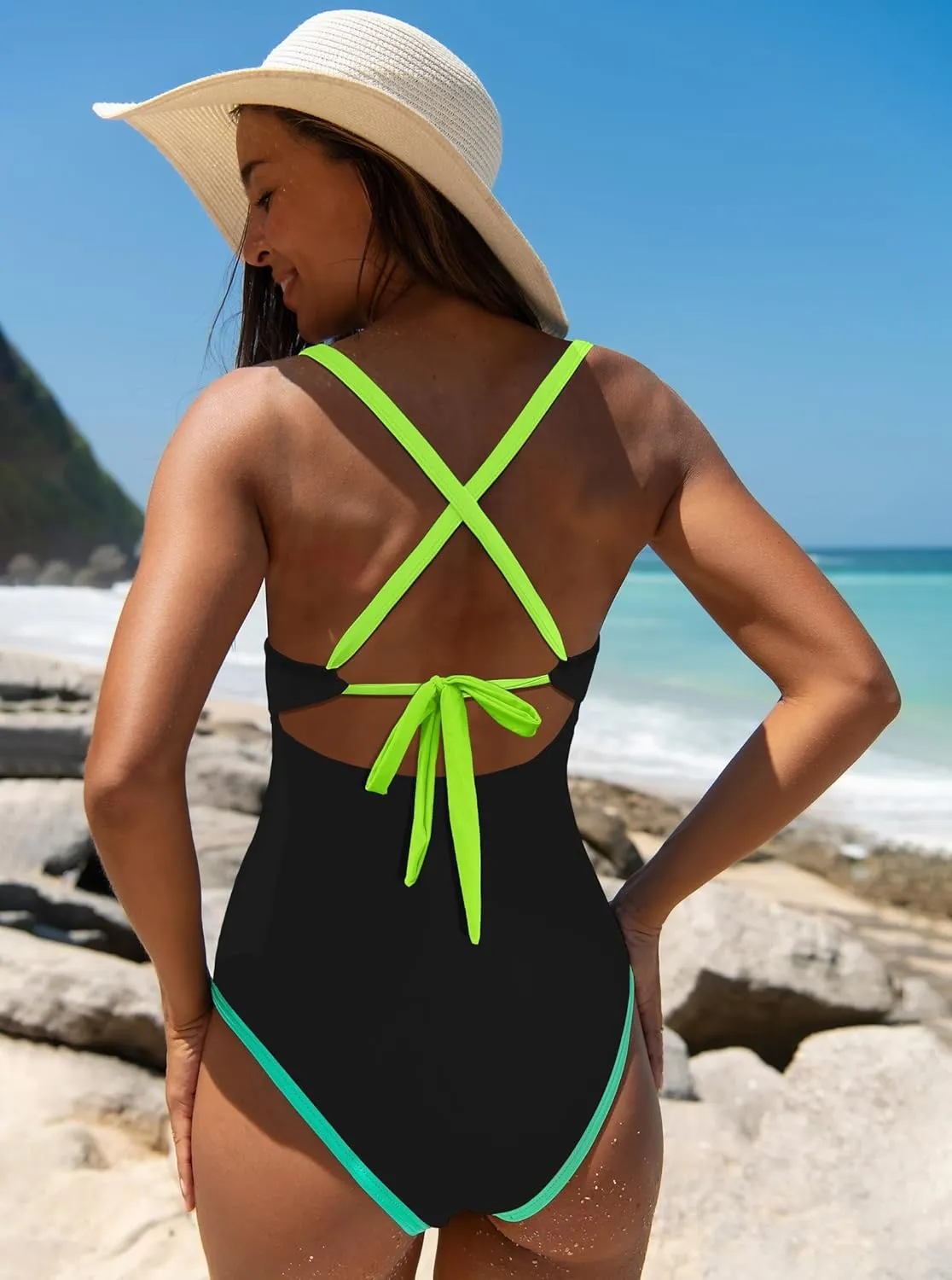 popvil Women One Piece Swimsuit 2025 Tummy Control Sexy Cutout Neon Color Block Bathing Suit Deep V Neck Adjustable Swimwear