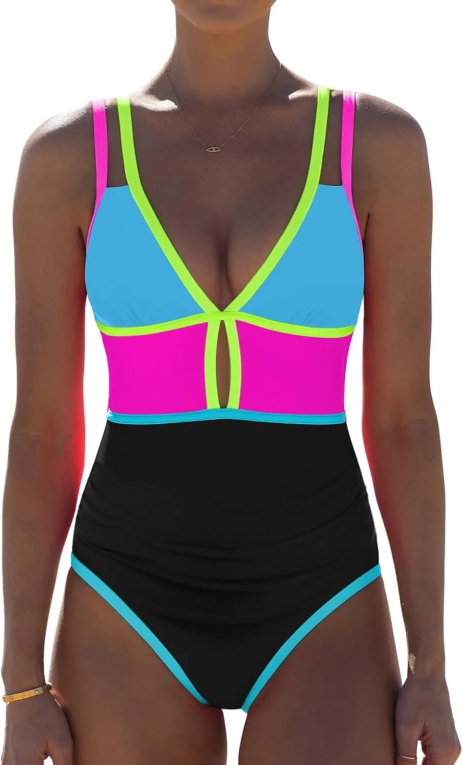 popvil Women One Piece Swimsuit 2025 Tummy Control Sexy Cutout Neon Color Block Bathing Suit Deep V Neck Adjustable Swimwear