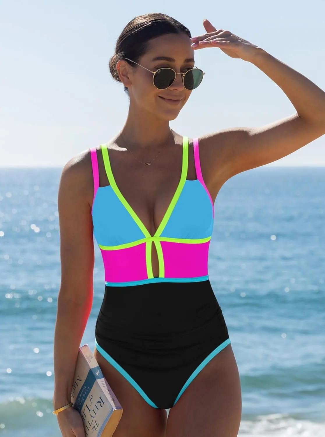 popvil Women One Piece Swimsuit 2025 Tummy Control Sexy Cutout Neon Color Block Bathing Suit Deep V Neck Adjustable Swimwear