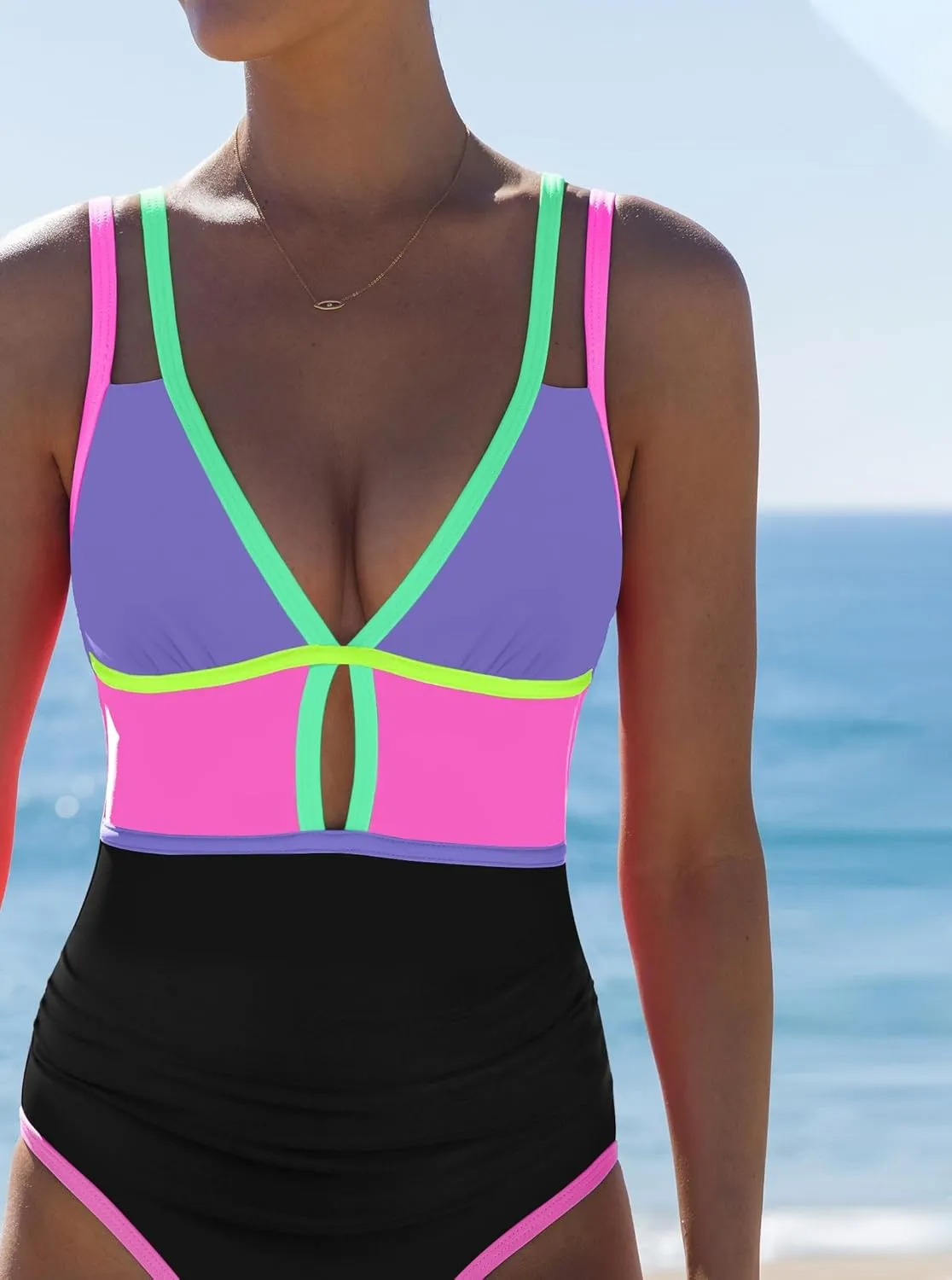 popvil Women One Piece Swimsuit 2025 Tummy Control Sexy Cutout Neon Color Block Bathing Suit Deep V Neck Adjustable Swimwear