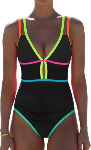 popvil Women One Piece Swimsuit 2025 Tummy Control Sexy Cutout Neon Color Block Bathing Suit Deep V Neck Adjustable Swimwear