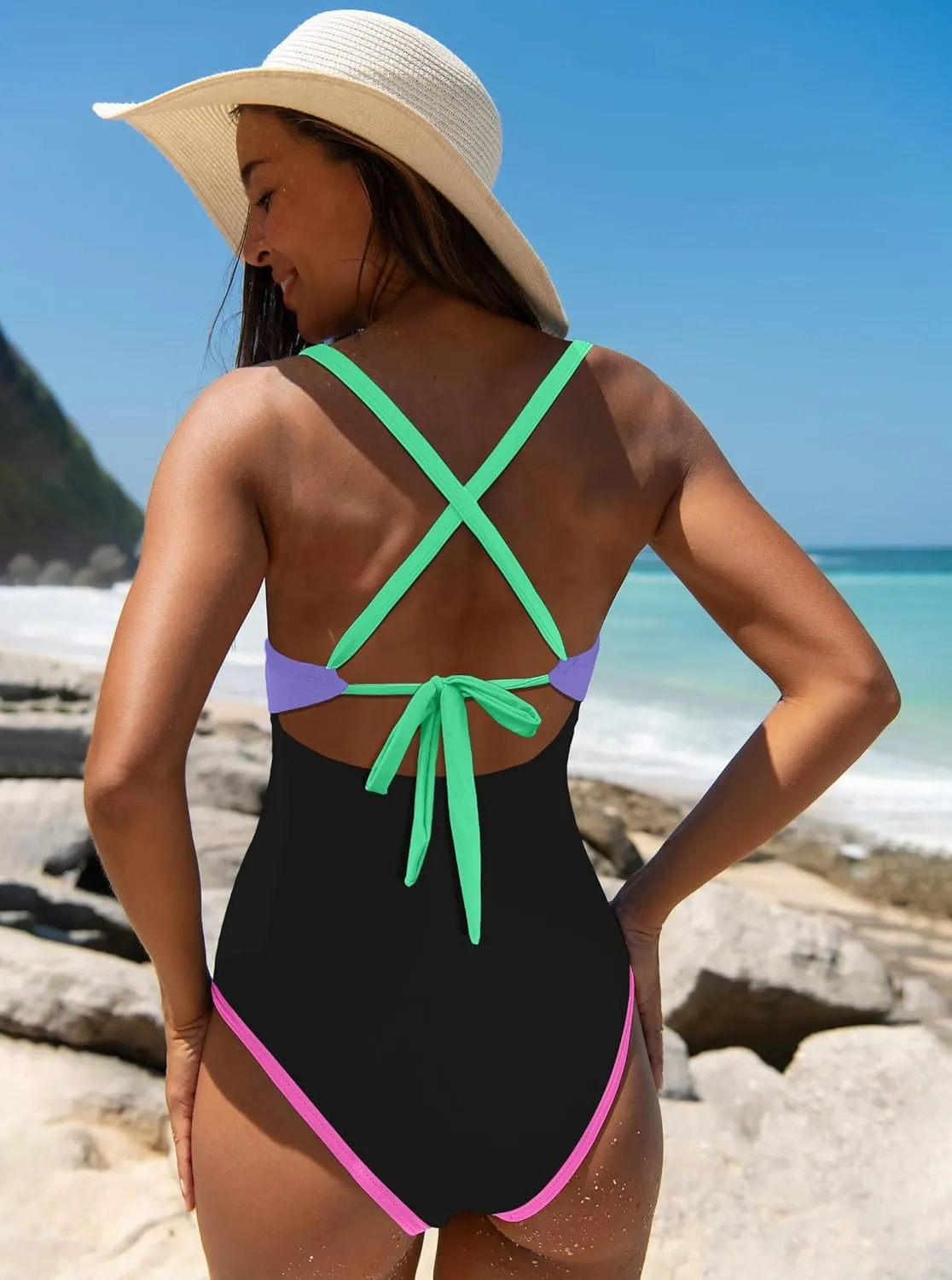popvil Women One Piece Swimsuit 2025 Tummy Control Sexy Cutout Neon Color Block Bathing Suit Deep V Neck Adjustable Swimwear