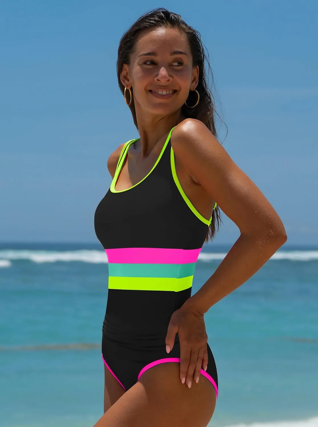 popvil Women's One Piece Swimsuits 2025 Tummy Control -Slimming Bathing Suit Neon 1 Piece Beach Outfit Sexy Sport Swim Suits