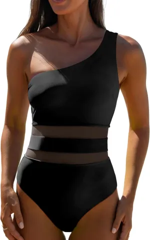 popvil Women's Sexy One Shoulder One Piece Bathing Suits Neon Color Block Swimsuits Slimming Mesh Swimwear