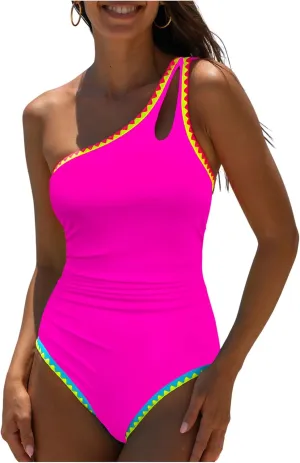 popvil Women's Sexy One Shoulder One Piece Bathing Suits Neon Color Block Swimsuits Slimming Mesh Swimwear