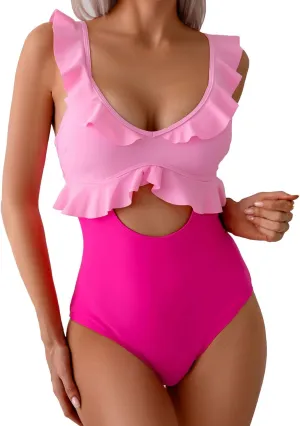 Rainlover Womens One Piece Swimsuits Tummy Control Bathing Suit Cutout High Waisted Ruffle Wrap V Neck Swimwear