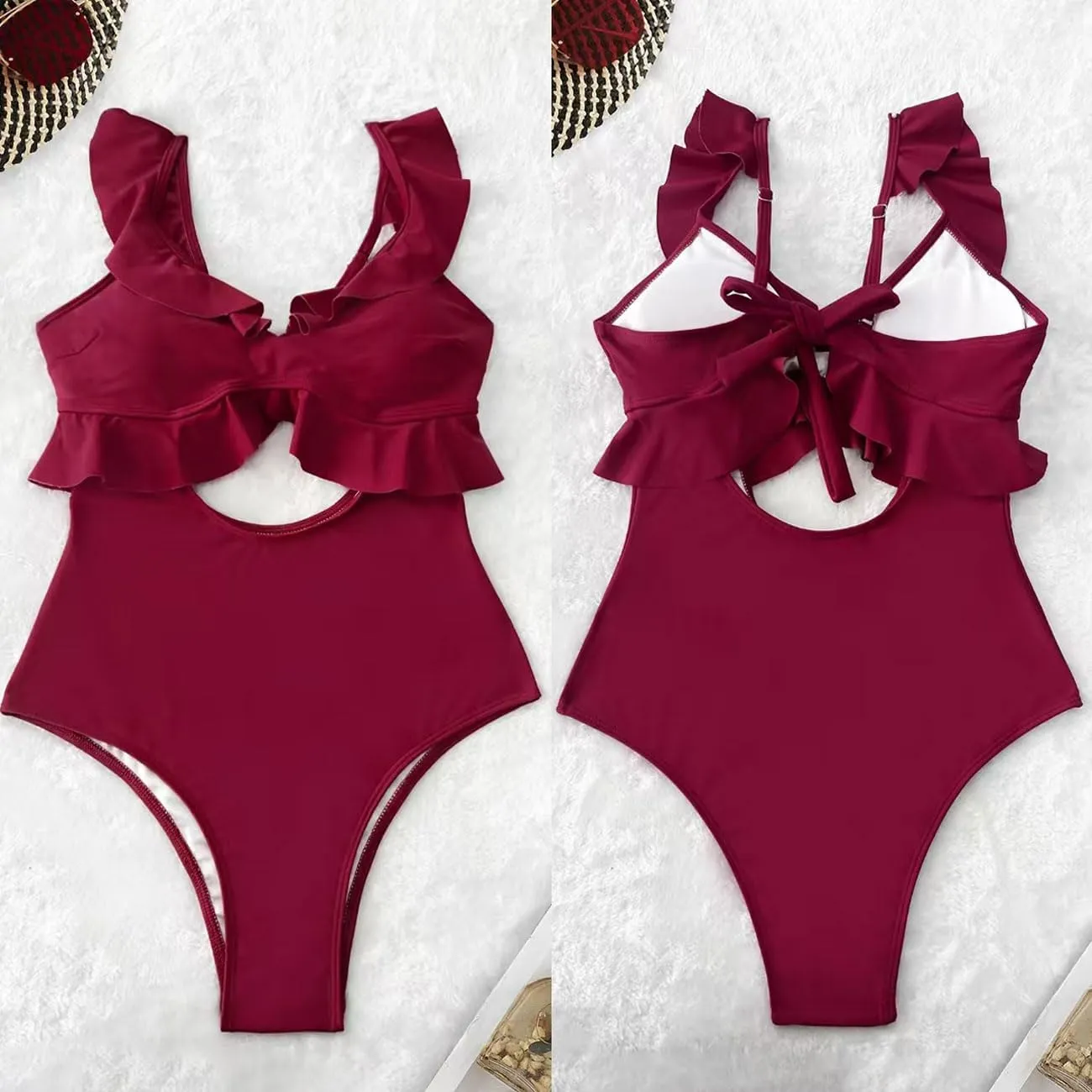 Rainlover Womens One Piece Swimsuits Tummy Control Bathing Suit Cutout High Waisted Ruffle Wrap V Neck Swimwear