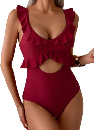 Rainlover Womens One Piece Swimsuits Tummy Control Bathing Suit Cutout High Waisted Ruffle Wrap V Neck Swimwear