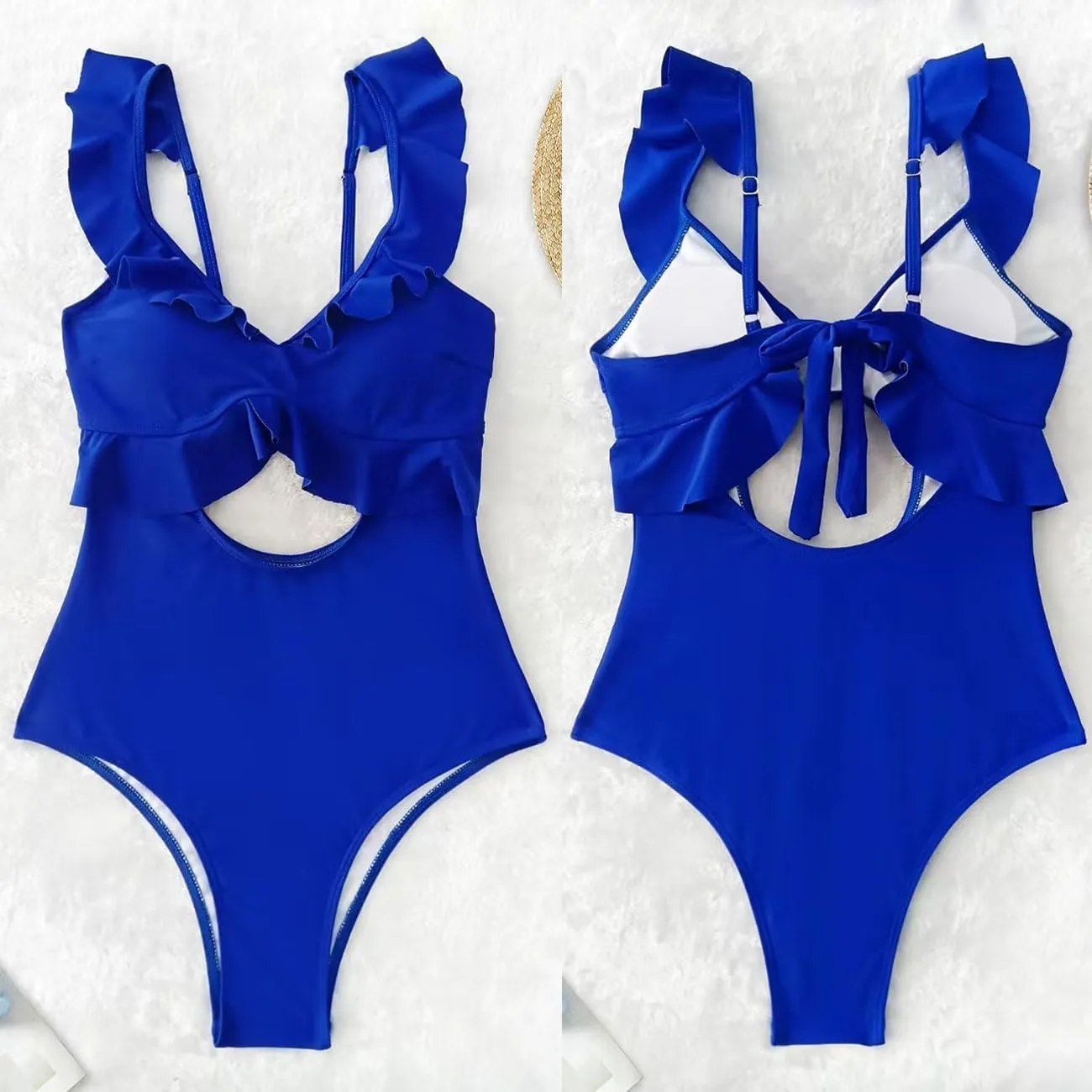 Rainlover Womens One Piece Swimsuits Tummy Control Bathing Suit Cutout High Waisted Ruffle Wrap V Neck Swimwear