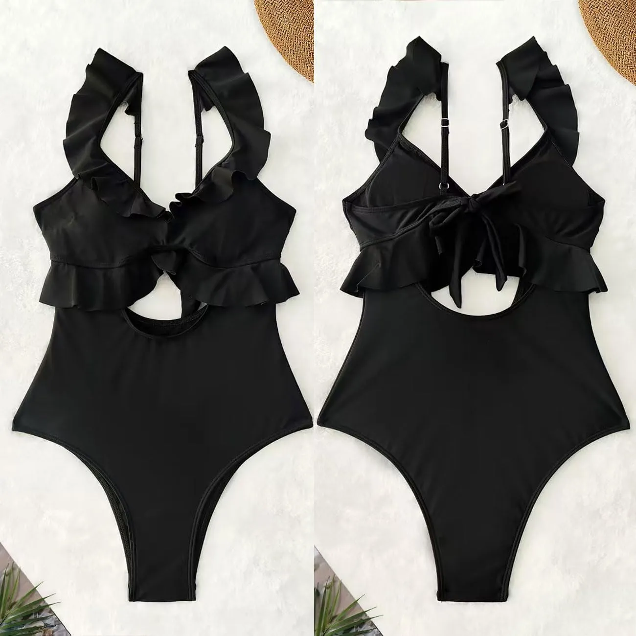 Rainlover Womens One Piece Swimsuits Tummy Control Bathing Suit Cutout High Waisted Ruffle Wrap V Neck Swimwear