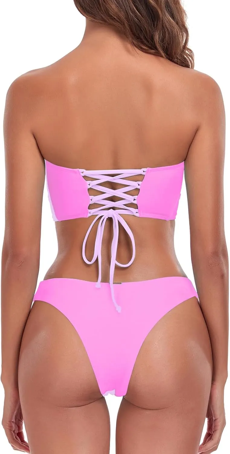 RELLECIGA Women's Two Piece Bandeau Bathing Suits Cutout Front Bikini Sets for Women