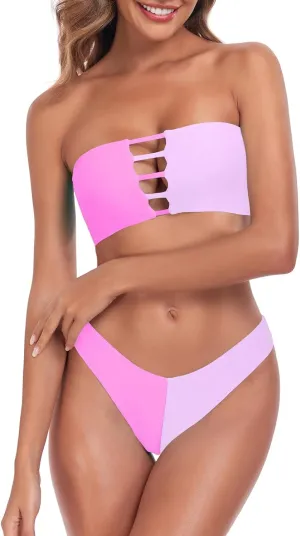 RELLECIGA Women's Two Piece Bandeau Bathing Suits Cutout Front Bikini Sets for Women