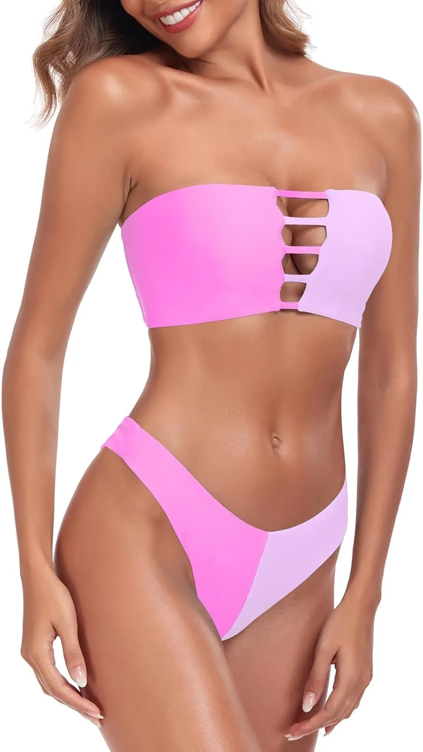 RELLECIGA Women's Two Piece Bandeau Bathing Suits Cutout Front Bikini Sets for Women