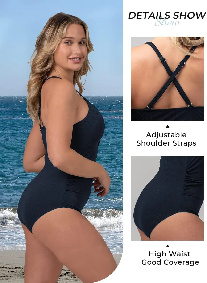 Ribbed One Piece Swimsuits for Women Button up Swimwear Tummy Control Retro Bathing Suits