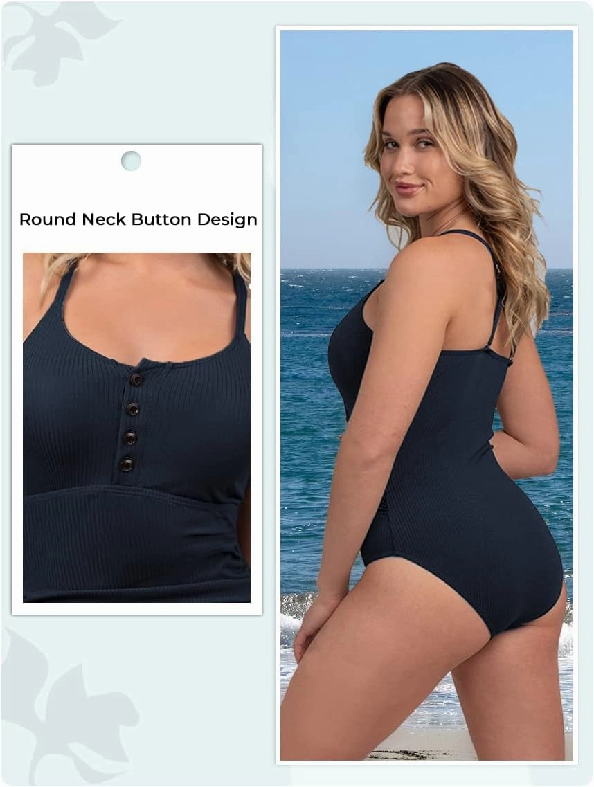 Ribbed One Piece Swimsuits for Women Button up Swimwear Tummy Control Retro Bathing Suits