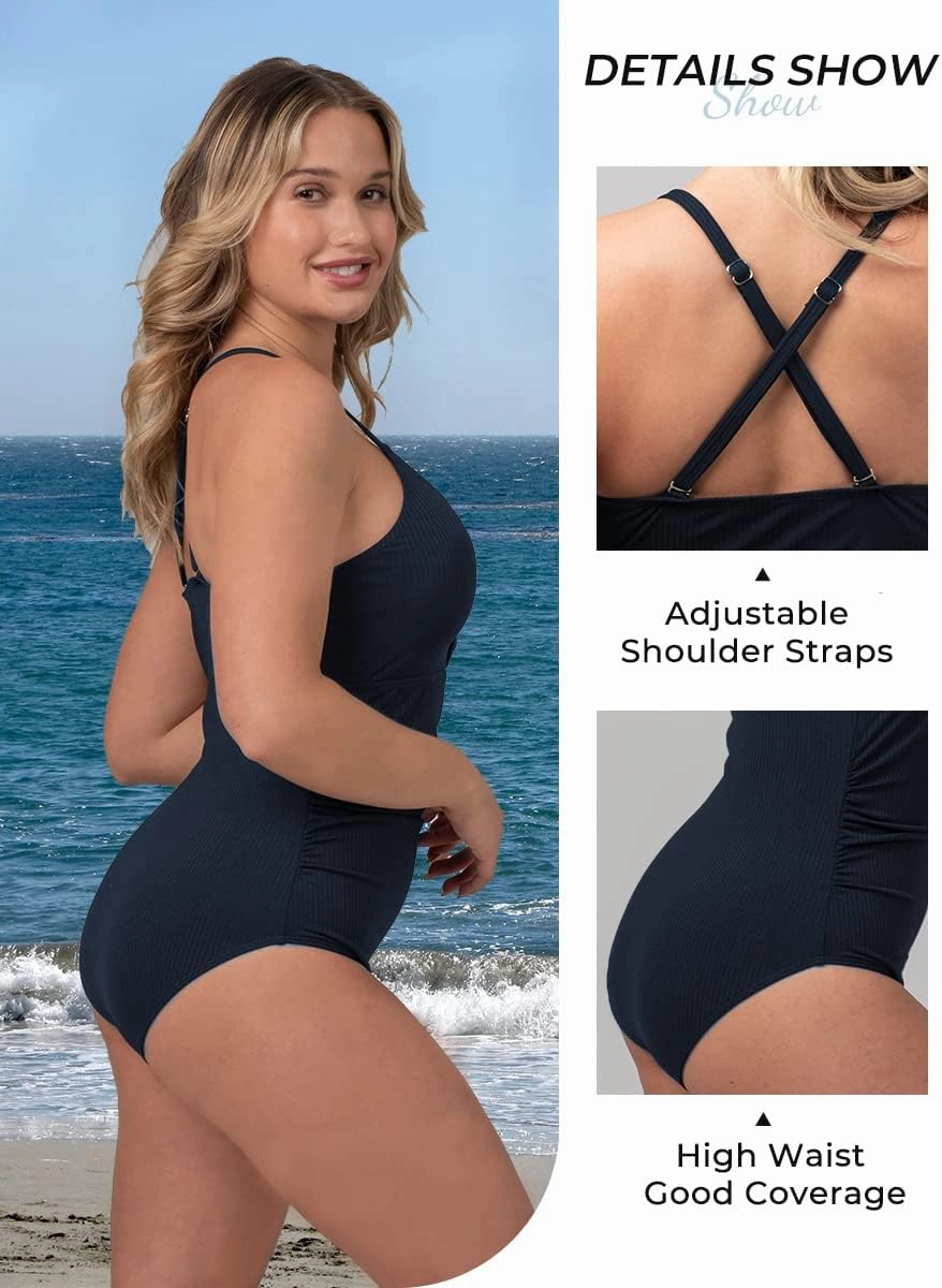 Ribbed One Piece Swimsuits for Women Button up Swimwear Tummy Control Retro Bathing Suits