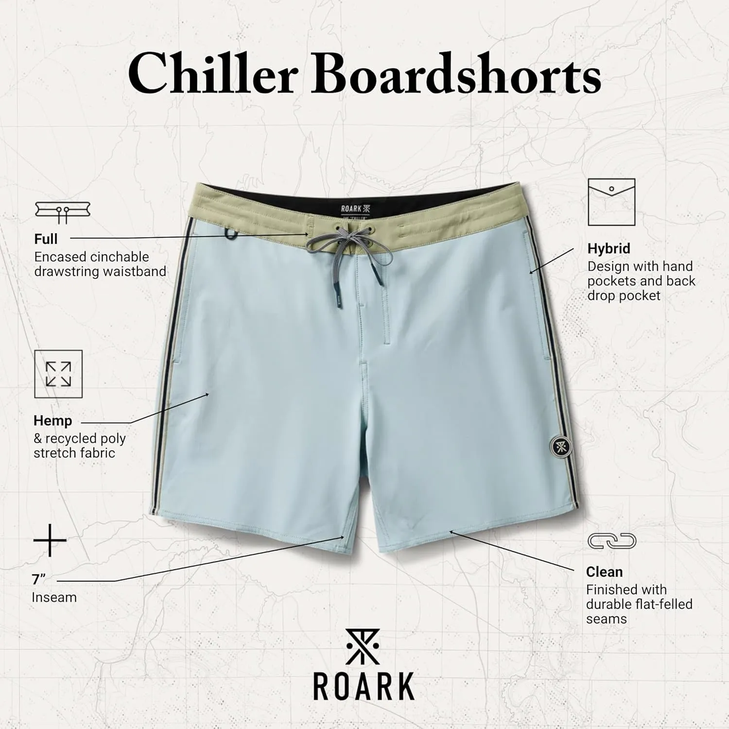 Roark Chiller Men's Swim Trunks C Quick-Dry Boardshorts with 4-Way Stretch, Hemp Blend Fabric, Pockets & Adjustable Waist